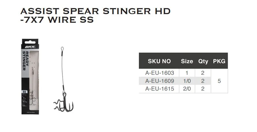 Оснастка стингер BKK Assit Spear Stinger HD-7X7 Wire (Pike - 12cm, 46.5kg, 0.9mm) (A-EU-1609) 1/0# купить Оснастка стингер BKK Assit Spear Stinger HD-7X7 Wire (Pike - 12cm, 46.5kg, 0.9mm) (A-EU-1609) 1/0# купить